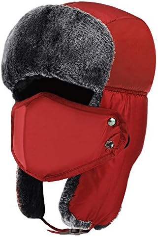 Prooral Unisex Winter Trooper Trapper Hat Hunting Hat Ushanka Ear Flap Chin Strap and Windproof Mask Nylon Russian Style Winter Ear Flap Hat for Men Women (Red)