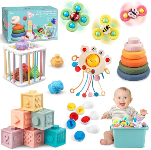 6-in-1 Baby Toys,28 PCS Montessori Toys for Babies,Stacking Blocks Rings Sensory Bin,Silicone Pull String Teething Toy Sorting Sensory Educational Learning Gift for Toddlers