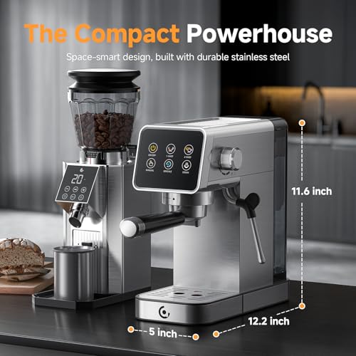 AMZCHEF Espresso Coffee Machines with 20 Bar Pressure, Self-Cleaning & Memory Function, LED Touch Screen, Compact Coffee Machine with Milk Frother for Home, Metallic Silver