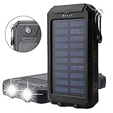 Solar Charger, 10000mAh Solar Panels Power Bank, Stoon External Battery Packs Charger Rainproof Dual USB Phone Charger w/ Hook Compass LED Flashlight Portable for Emergency Camping Cell Phone (Black)