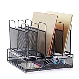 Rackarster Mesh Desk Organizer with Drawer - Vertical Office File Organizer Desktop Document Letter Tray Supplies Storage and 5 Upright Sections, Black