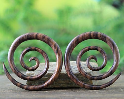 Hand Carved Sono Wood Spiral Gauge Earrings 1Ga 1G 7mm