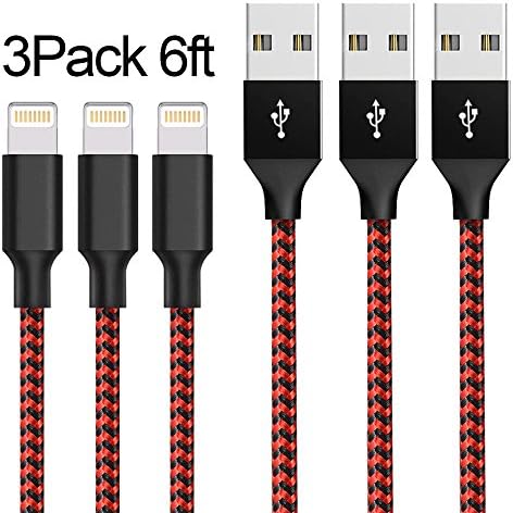 Lightning Cable,AOFU Charger Cables 3Pack 6FT to USB Syncing and Charging Cable Data Nylon Braided Cord Charger for iPhone X/8 Plus/8/7/7 Plus/6/6 Plus/6s/6s Plus/5/5s/5c/SE and more (Black&Red)