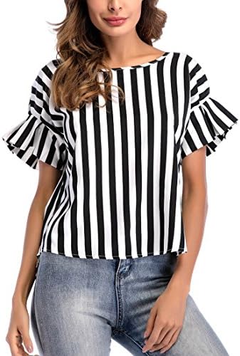Eymoiy Lady Fold Sleeve Chiffon Casual Blouse Top Shirt with Vertical Stripe Loose Fit Daily and Working