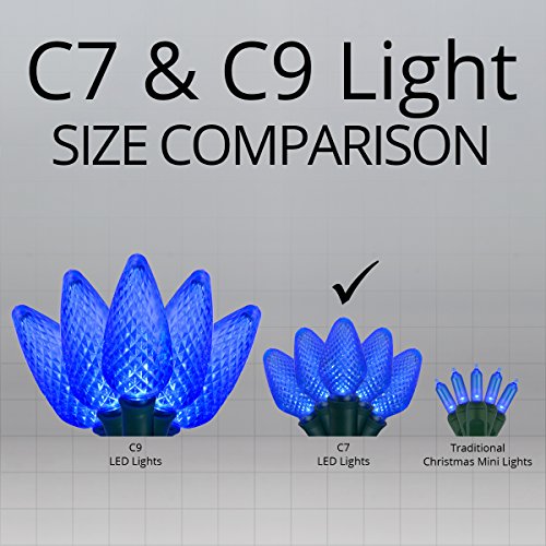 C7 LED Faceted Blue Prelamped Light Set, Green Wire - 25 C7 Blue LED Christmas Lights, 8" Spacing