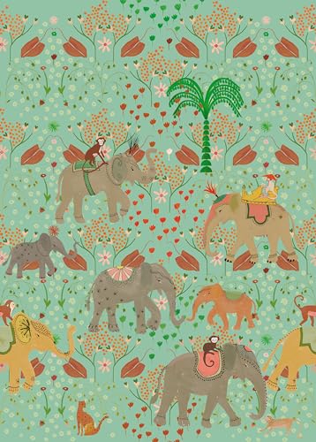 Rasch Tapete 557848 - Fototapete auf Vlies mit Elefanten und Blumen in Grün, Braun, Gelb und Grau aus der Kollektion Onzself - 2,80 m x 2,00 m (LxB)