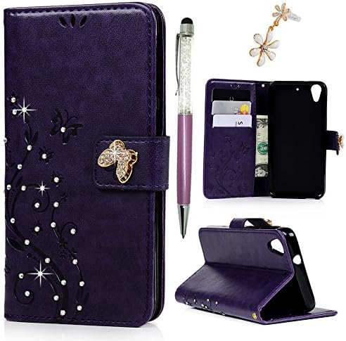 HTC Desire 626 / 626s Case-MOLLYCOOCLE Stand Wallet Premium PU Leather Bling Diamond Magnetic Emboss Butterfly Hand Wrist Strap TPU Bumper Skin Cover for HTC Desire 626 / 626s &amp; Dust Plug &amp; Stylus Pen