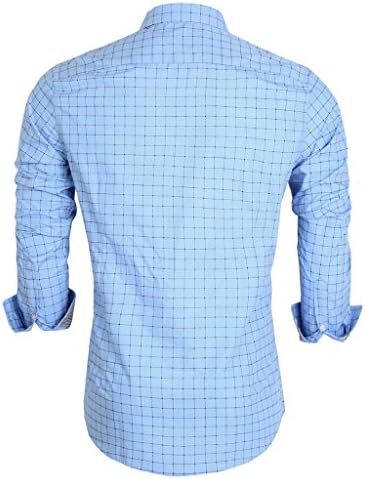 Emiqude Mens Casual Slim Fit Long Sleeve Fake Pocket Contrast Plaid Dress Shirt