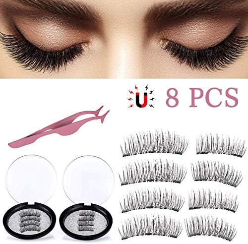 Magnetic Eyelashes Natural Full Eye 3D Magnetic Lashes Ultra Thin Reusable & Handmade 3 Magnet Eyelashes Fake Lashes with Eyelash Applicator (2 Pairs)