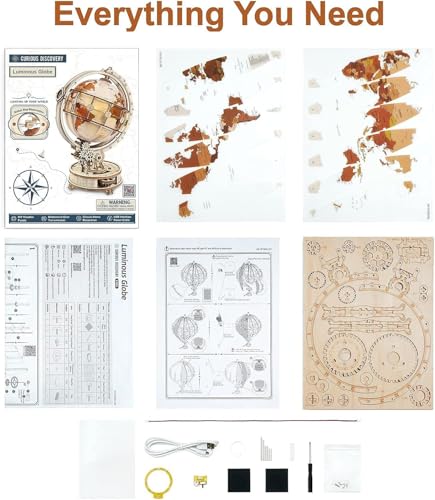 Robotime 3D Wooden Puzzle for Adults – Lighted Rotating Globe Model Kit with LED Light, Mechanical Wooden Building Set, DIY Craft Gift for Men & Puzzle Lovers