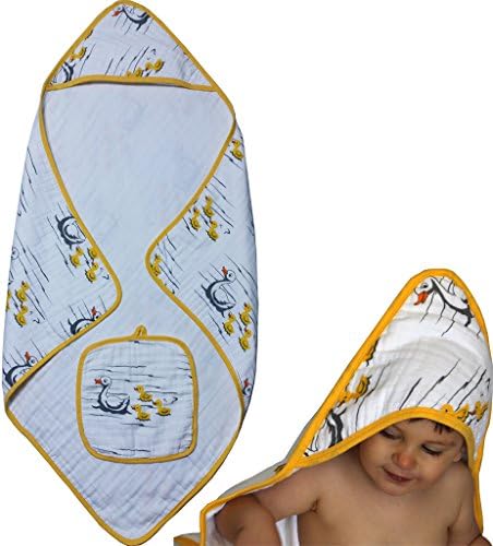 ChaBabee Large 2-Piece Set Baby Infants to Toddlers and Beyond Muslin 100% Cotton Hooded Bath Towel + Washcloth Set Unisex for Boys or Girls – Duck Yellow