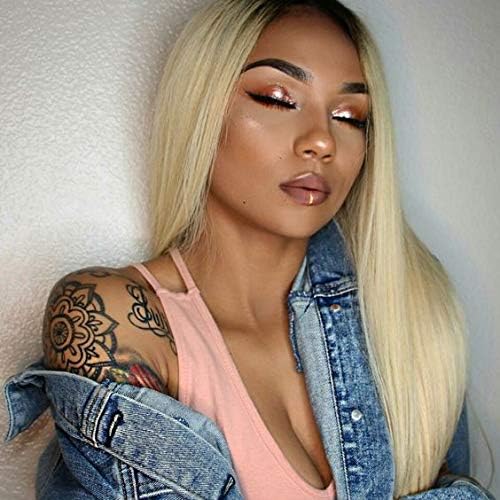 FUHSI Kanekalon Fiber Dark Roots Two Tone Full Lace wig Real Natural For Women–Soft&Smooth, Straight&No Shedding, Comfortable&Adjustable For Perfect Fit –2T613# Ombre Blonde 250D 22"
