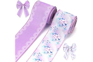 2 Rolls Spring Flowers Ribbons for Wreath Bows, 2.5"×10 Yards Wired Edge Ribbon Purple Lace Burlap Craft Ribbons for Crafting