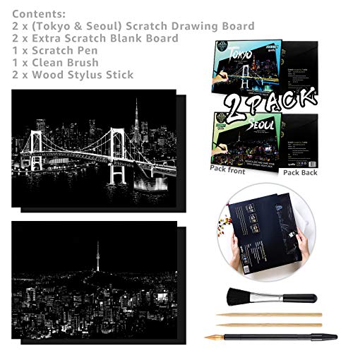 MUGIT Scratch & Sketch Art Paper(16"x 11.2") for Kids & Adults, Rainbow Painting Night View Scratchboard, Painting Gift, Craft Kits : 2 Sheets Scratch Cards & Drawing Pen, Clean Brush (Tokyo & Seoul)