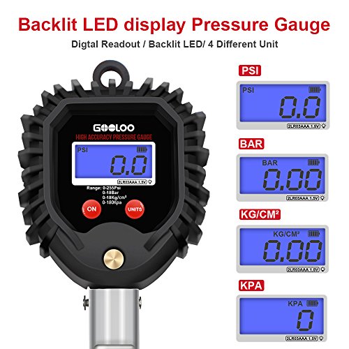 GOOLOO Digital Tire Pressure Gauge, 255 PSI Tire Inflator Air Chuck and Compressor Accessories Heavy Duty with 360 Degree Rotatable Rubber Hose, Quick Connect Plug for 0.1 Display Resolution, Black - Thumbnail 3