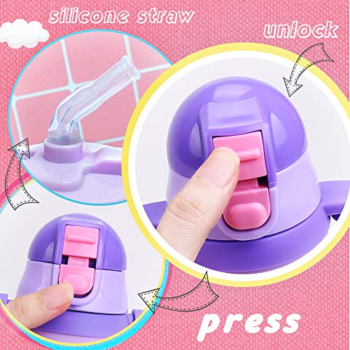 Kids Water Bottle With Straw Unicorn Thermoses Stainless Steel Insulated Vacuum Cup BPA Free Spillproof Thermal Water Cup For Girls School Lunch - With Handle And Shoulder Strap -12oz, Purple
