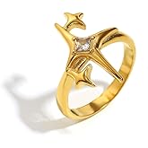 Kokoma Cubic Zirconia Star Ring for Women Minimalist Rhinestone Pointed Stars Stainless Steel Band Rings Statement Stacking Finger Bands Jewelry