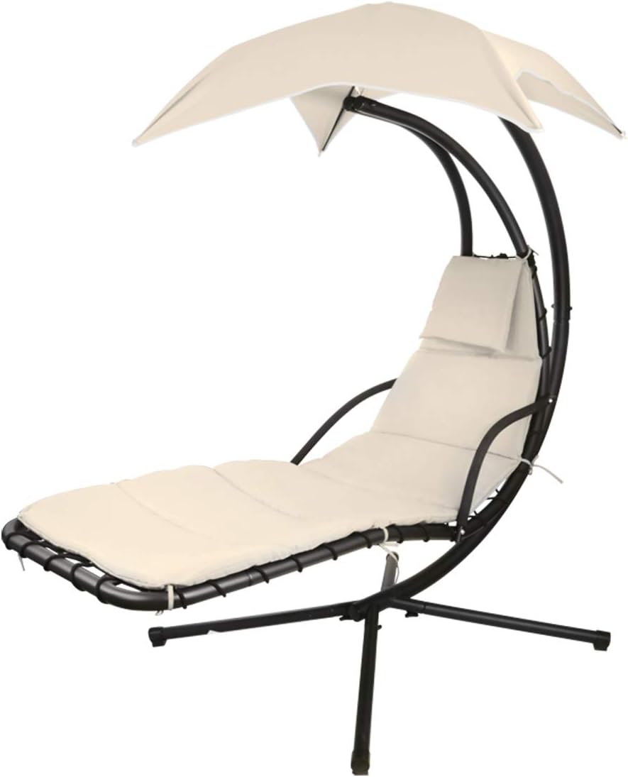 outdoor double chaise lounge cushion on Geniqua Patio Hanging Chaise Outdoor Lounger Padded Cushion Swing Hammock Chair W Sun Shade Canopy Umbrella Stand Beige Garden Outdoor Amazon Com
