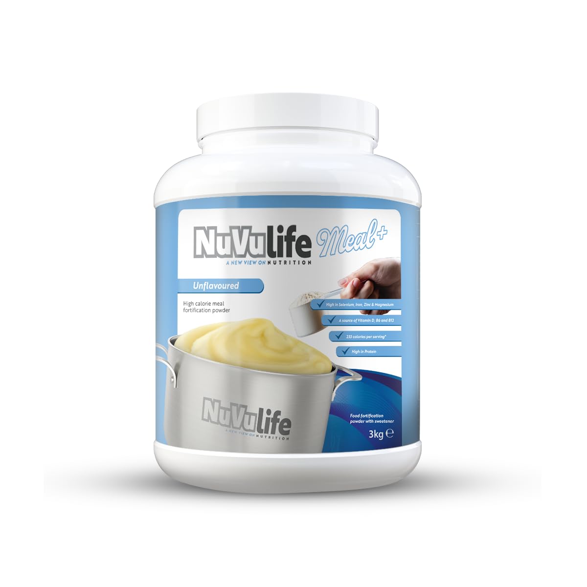 NUVU Life Meal+, High Calorie Meal Fortification Nutrient Rich Powdered Drink Mix, High Protein, Source of Vitamins D, B6 & B12, High in Selenium, Zinc & Magnesium, 3kg, Unflavoured