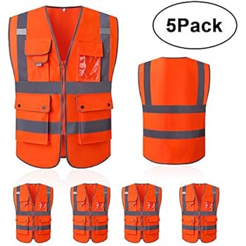 High Reflective and Breathable Safety Vest, Bright Neon Color Construction Protector with Reflective Strips and Zipper (Large, Style 5-5 PC)