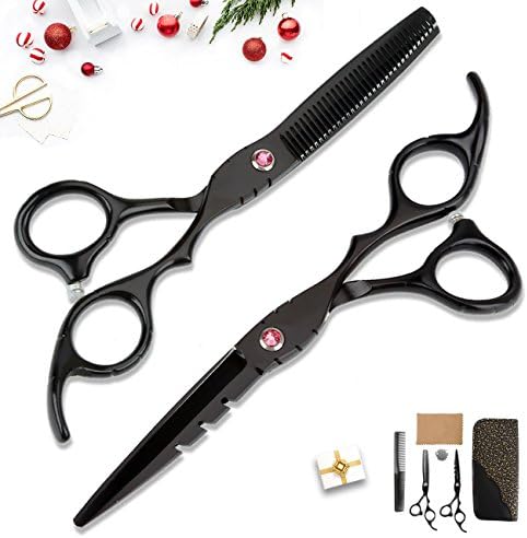 Professional Barber/Salon Regular Straight Edge and Thinning/Texturizing Teeth Edge Hair Cutting Scissors Stainless Steel Shears Sets 6 inch - with Adjustable Tension Screw, Leather Bag, Grooming Comb