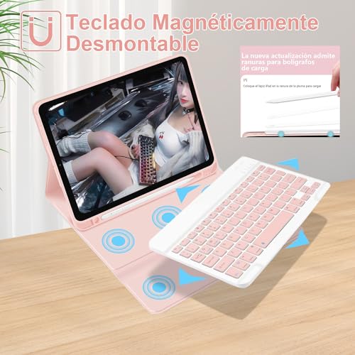 Funda con Teclado de Español(Incluye Ñ) para iPad 10.2 7a 8a 9a Genaración y iPad Air 3/Pro 10.5 Inalámbrico Teclado Bluetooth Magnético Desmontable,ratón Bluetooth-Rosa(Ver Imagen Principal 2)
