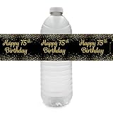 Black and Gold 75th Birthday Party Water Bottle Labels - 24 Stickers