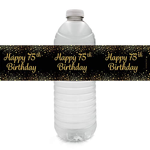 Black and Gold 75th Birthday Party Water Bottle Labels - 24 Stickers