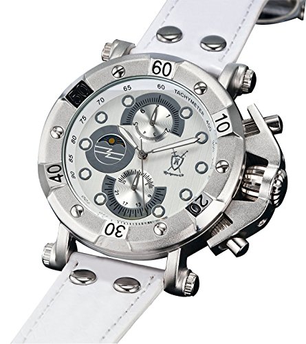 Konigswerk Men's Watch White Genuine Leather White Dial Multifunction Day Date Sun Moon AQ101130G