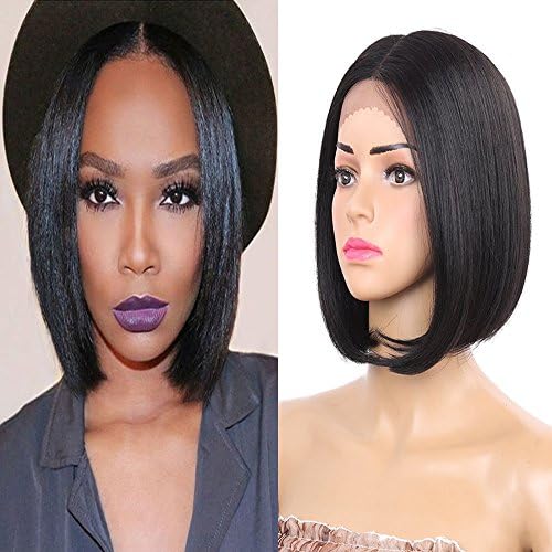 Brazilian Human Hair Straight Bob - Misstar BS22 (2018 Summer NEW) Short Bob Wig Lace Front Wigs Middle Part Bleached Knots Glueless Straight Human Hair Wigs for Women,130% Density 8inch Natrual Black