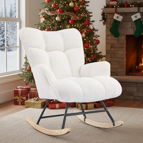 SAETSFEG Rocking Chair Nursery Teddy Upholstered Glider Rocker Chair Padded Seat with High Backrest Armchair Comfy Nursing Chair Indoor for Living Room Bedroom, White