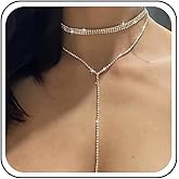 Sttiafay Wide Rhinestone Choker Necklace Sparkly Crystal Tennis Chain Necklace Long Rhinestone Y Drop Necklaces Gold Tennis Y Lariat Chain Wedding Jewelry for Women
