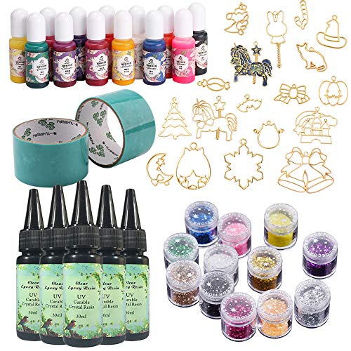 5 Pieces 30ML Crystal Epoxy Resin 13 Color Liquid Pigment 12 Glitter Sequins 17 Metal Jewelry with 2X 5 Meters Tape For DIY Handcraft Jewelry Earrings Necklace Bracelet Nail Art Accessories