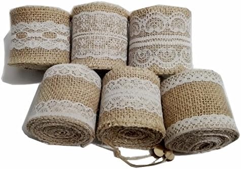 Set of 6 Burlap Craft Ribbon Rolls with White Lace for Wedding Decoration Vintage 12 Yards Totally