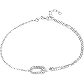 Vanbelle Sterling Silver Jewelry - Rhodium Plated with 925 Stamp - Fancy Grain and Simple Linked Anklet for Women - 9" Long + 1" Extender