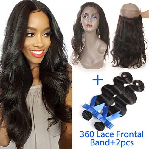 GEFINE Hair Brazilian Virgin Human hair Bundles 2pcs + 360 Lace Band Frontal Closure Body Wave with Natural Hairline &amp; Adjustable Strap 12 12+10inch