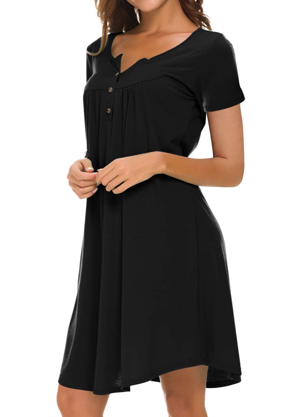 AMCLOS Womens V Neck Dress Swing Simple Ruffle Button up Short/Long Sleeve T-Shirt Loose Casual Dress (Large, Short-Black)