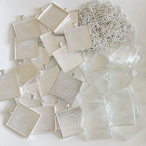 20 Pack Jumbo Square Photo Pendants w/ Glass + 20 Ball Chains 1 1/2 Inches Silver Includes EZ Photo Jewelry Resizer Software