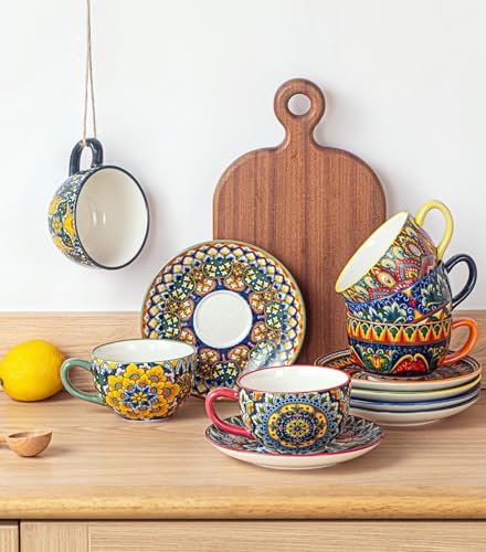 Porcelain Coffee Set, Set of 6 x 250 ml, Hand Painted, Set for 6 People, Includes Coffee Cups and Saucers