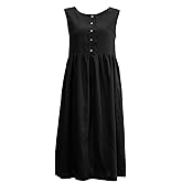 Amazhiyu Women's 100% Linen Sleeveless Button Front Pleated Summer Midi Dresses Black, Small