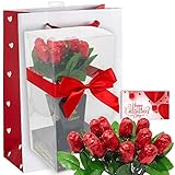 Chocolate Flower Bouquet | One Dozen Red Sweetheart Roses | Individually Wrapped in Foils Belgian Milk Chocolate | Valentine Day Gift Bag | Her Wife Girlfriend