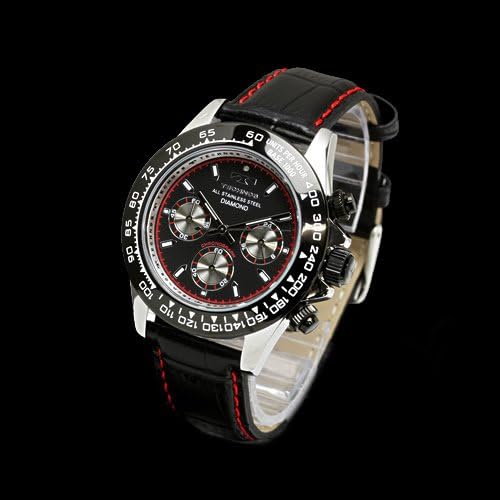 Amazon ダイヤモンド使用 Sportsクロノグラフ メンズ腕時計 Technos Swiss 文字盤 黒 ケース 黒 革ベルト 黒 赤ステッチ 全3色 メンズ腕時計 腕時計 通販