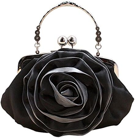 Flower Evening Bag, Womens Satin Clutch Bag Rose Bridal Wedding Party Handbags Purse (Black)