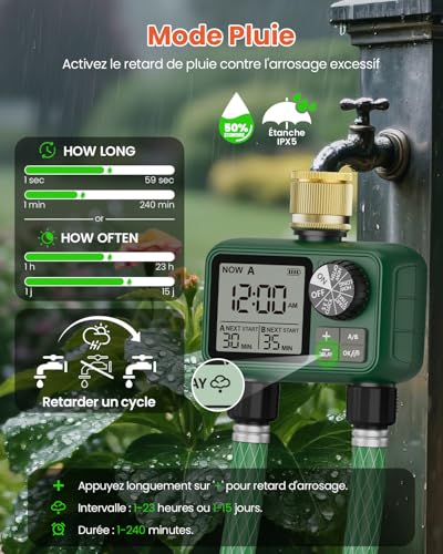 2 Way Water Timer with Brass Inlet, Large LCD Display, Automatic Watering for Garden, Programmable Irrigation, Simple Use, Rain Delay Manual Watering for Lawn