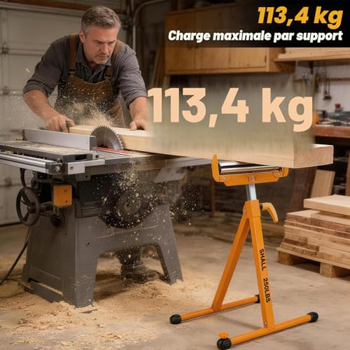Shall Lot de 2 supports à rouleaux pliants – Capacité de charge de 113,4 kg – Hauteur réglable de 70 à 109 cm – Pour sciage à table – Travail du bois Servante à Rouleau