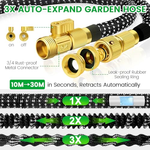 Expandable Garden Hose Pipe 100FT, Flexible Expanding Magic Hose Pipe for Garden with 10 Functions Spray Nozzle, Leakproof Anti-Kink Water Hose with Durable Fitting for Yard Lawn Gardening Car Washing