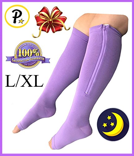 Presadee Overnight Open Toe 15-20 mmHg Zipper Compression Grade Sleeping Night Time Leg Circulation Calf Swelling Relief Purple Socks (L/XL)