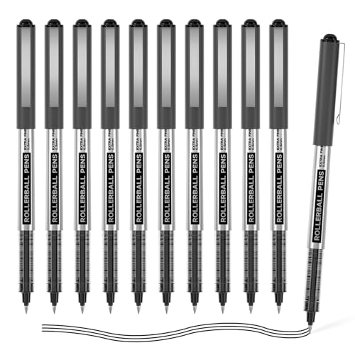 Shuttle Art Rollerball Pens, 10 Pack 0.5mm Extra Fine Point Black Liquid Ink Pens, Quick Drying & Long Lasting Pens Black Ink for Writing, Journaling, Notes Taking, School Office Supplies