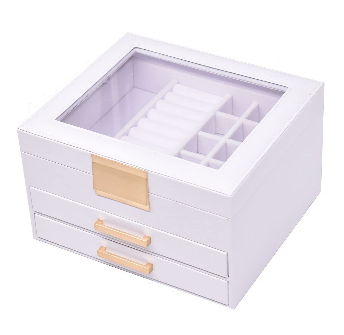 Galeara design Pure Jewellery Box Black Carbon and White with Glass Lid Jewellery organizer with 2 Drawers White and Black Jewellery Storage (Pure White)