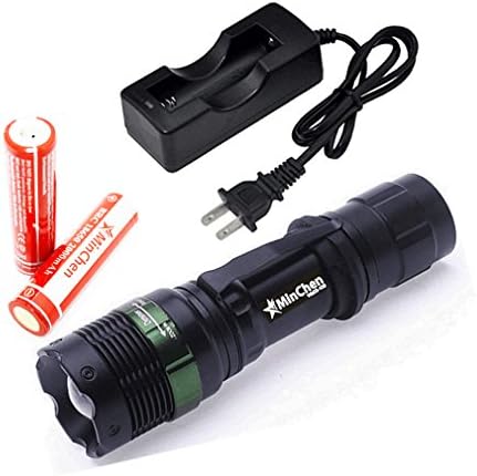 Minchen 900Lm T6 LED torch Adjustable 3-mode Focus light beam Distance: 200-500 Tatical Head Flashlight with Smart Single slot wall Charger and 2pc Protected 18650 3.7v rechargable li-ion batteries